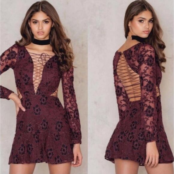 FOR LOVE & LEMONS Jolene Lace Strappy Dress Burgundy Maroon Black Sz L {3H28}